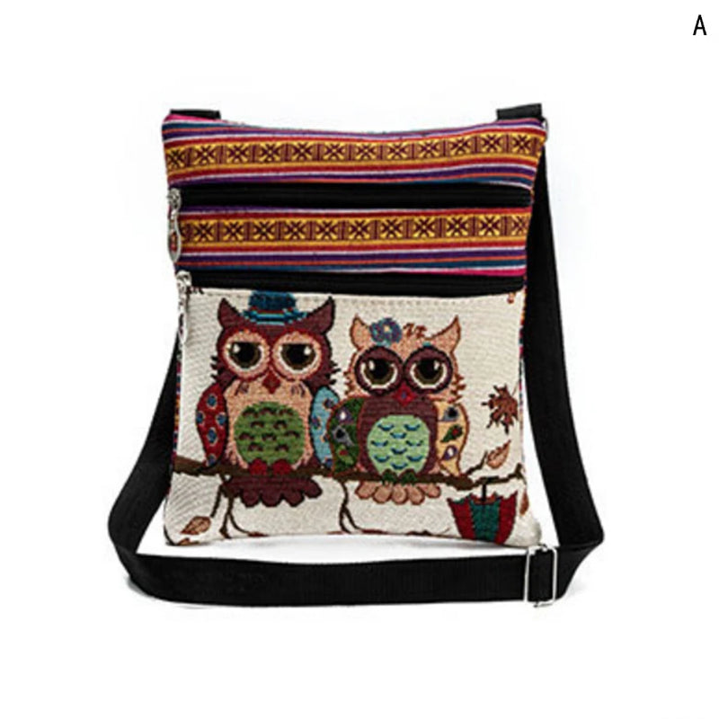 Canvas Owl Print Mini Flap Shoulder Handbag Double Zipper Women Messenger Bag