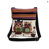 Canvas Owl Print Mini Flap Shoulder Handbag Double Zipper Women Messenger Bag