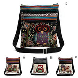 Canvas Owl Print Mini Flap Shoulder Handbag Double Zipper Women Messenger Bag