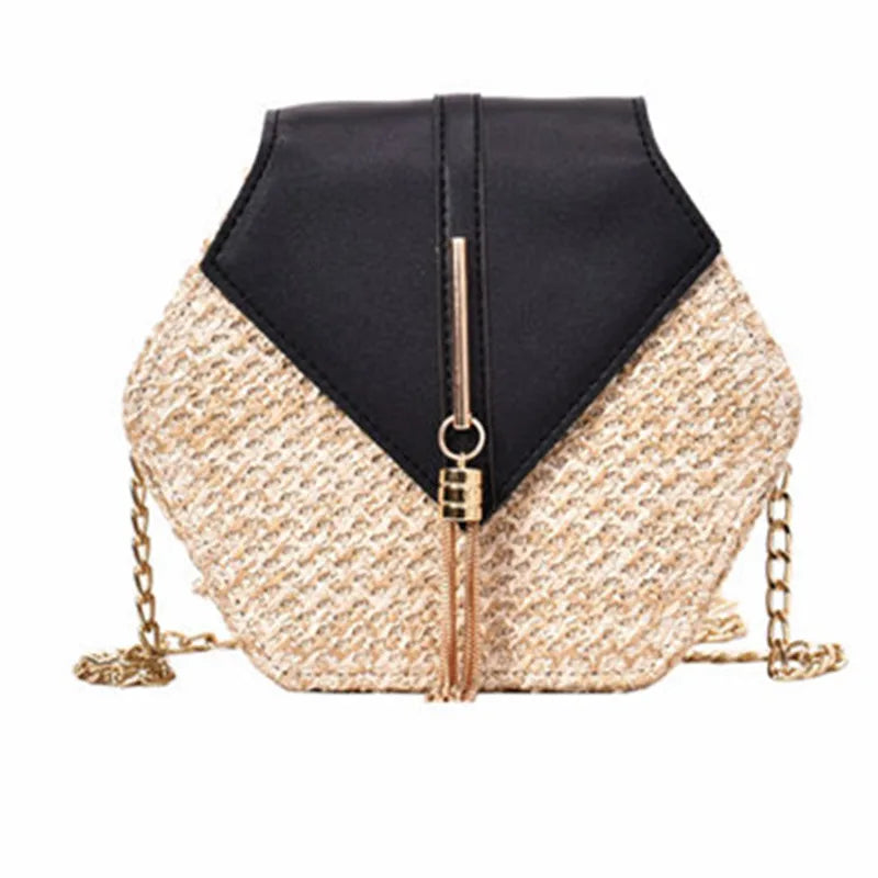 Hot Hexagon Straw+PU Chain Messenger Bags Women Summer Rattan Woven Beach Boho B