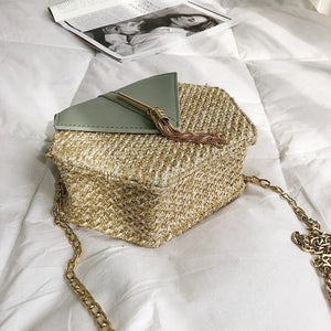 Hot Hexagon Straw+PU Chain Messenger Bags Women Summer Rattan Woven Beach Boho B