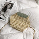 Hot Hexagon Straw+PU Chain Messenger Bags Women Summer Rattan Woven Beach Boho B