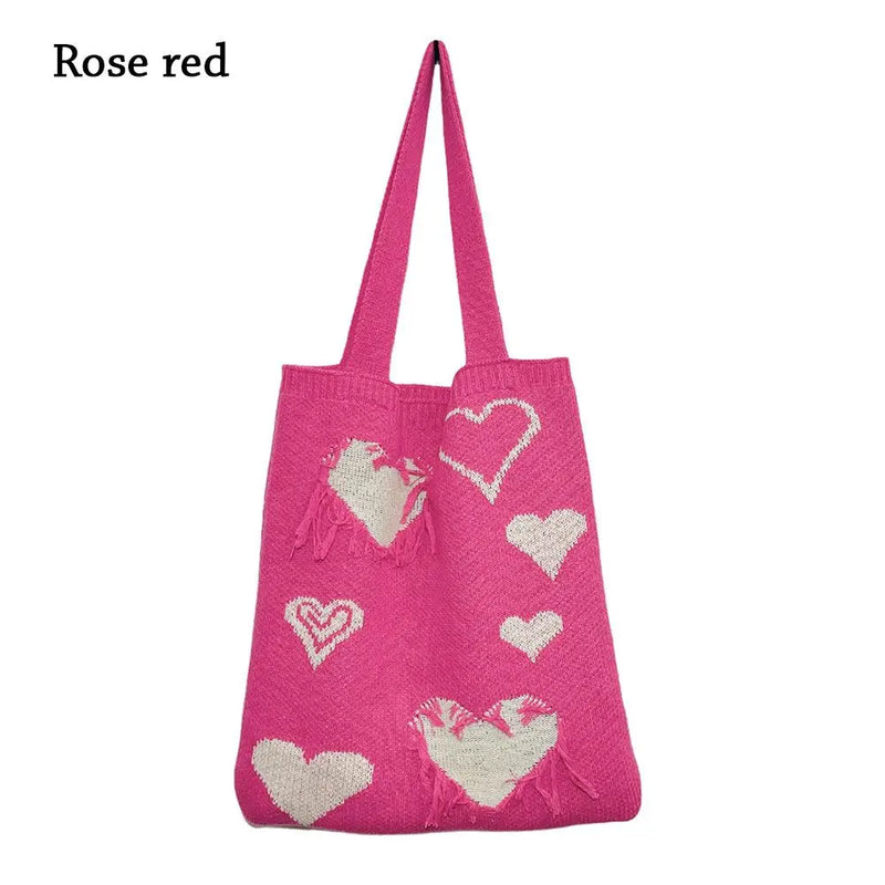 Heart Print Knitting Handbags Crochet Hobo Bag Totes for Women