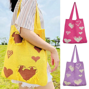 Heart Print Knitting Handbags Crochet Hobo Bag Totes for Women
