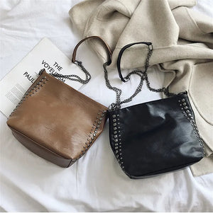 Women's Large Leather Shoulder Bag Metal Chain Crossbody Messenger Black/Khaki