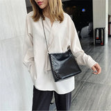 Women's Large Leather Shoulder Bag Metal Chain Crossbody Messenger Black/Khaki