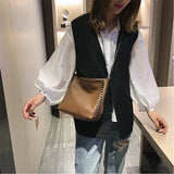 Women's Large Leather Shoulder Bag Metal Chain Crossbody Messenger Black/Khaki