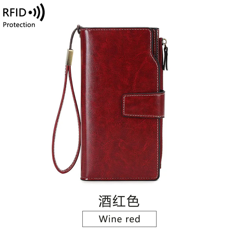 Oil Wax Leather RFID Wallet Long Capacity Clutch