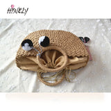 Hot Summer Handmade Pompon Weaving Straw Bag Tassels Moon shaped Beach Bag