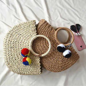 Hot Summer Handmade Pompon Weaving Straw Bag Tassels Moon shaped Beach Bag
