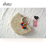 Hot Summer Handmade Pompon Weaving Straw Bag Tassels Moon shaped Beach Bag
