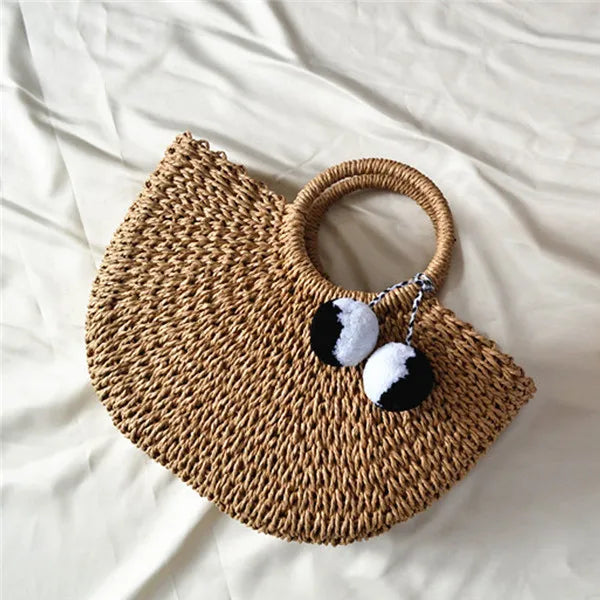 Hot Summer Handmade Pompon Weaving Straw Bag Tassels Moon shaped Beach Bag