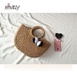 Hot Summer Handmade Pompon Weaving Straw Bag Tassels Moon shaped Beach Bag