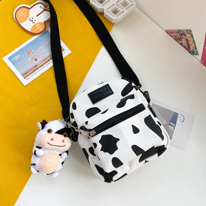 Cow Print Canvas Crossbody Bag Women's Shoulder Bag Mobile Phone Purse