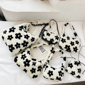 Vintage Flower Plush Shoulder Bag Women Large Capacity Messenger Bag