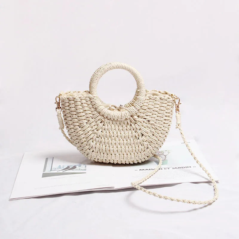 Mini Hollow Out Beach Bag Weaving Wood Top-handle Handbags Ladies Round Straw Ba
