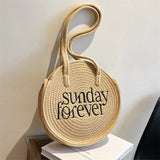 Round Straw Bag Bohemian Embroider Shoulder Beach Vacation Tote Handbag