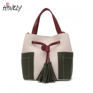 Spliced PU Leather Handbag Tassel Bucket Vintage Shoulder Bag