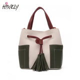 Spliced PU Leather Handbag Tassel Bucket Vintage Shoulder Bag