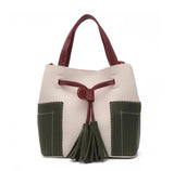 Spliced PU Leather Handbag Tassel Bucket Vintage Shoulder Bag