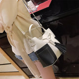 Spliced PU Leather Handbag Tassel Bucket Vintage Shoulder Bag