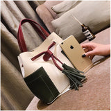Spliced PU Leather Handbag Tassel Bucket Vintage Shoulder Bag