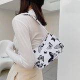 Butterfly Print Canvas Tote Small Handbag Zipper Half Moon Bag