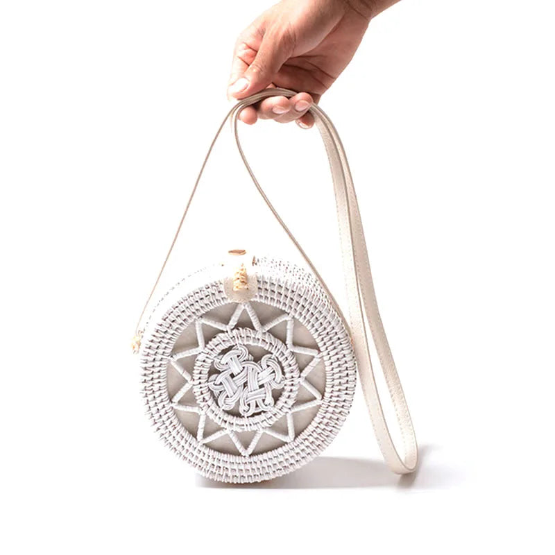 Boho Round Rattan Crossbody Bag Straw Woven Circle Shoulder Handbag