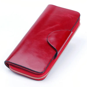 Women Leather Wallets Zipper Oil Wax Leather Long Female Wallet