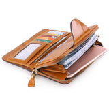Women Leather Wallets Zipper Oil Wax Leather Long Female Wallet