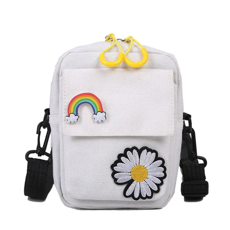 Embroidered Canvas Crossbody Bag Women Flower Flap Shoulder Phone Bolsa
