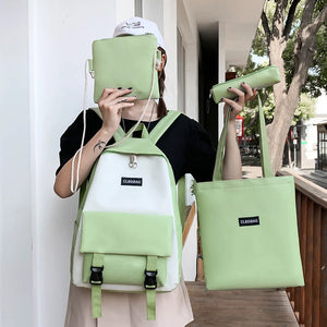 4 PCS Waterproof Multi-pouch School Backpack Set Canvas Bag with Pencil Case