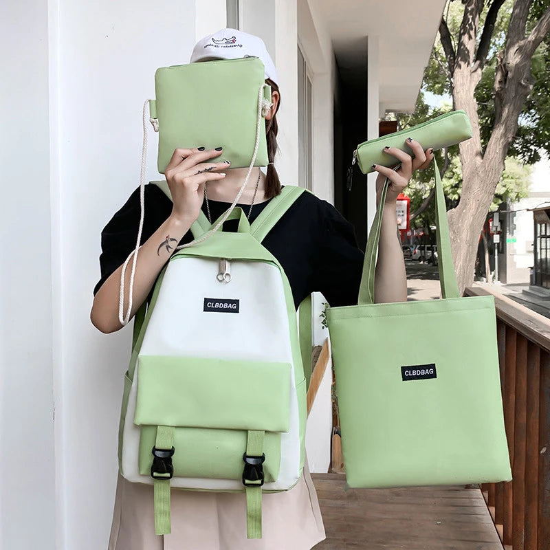 4 PCS Waterproof Multi-pouch School Backpack Set Canvas Bag with Pencil Case