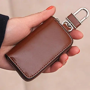 Solid Leather Key Wallet with Zipper, Unisex