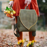 Green Cork Leather Leaf Backpack Canvas Shoulder Bag Zipper Pouch