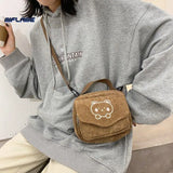 Preppy Style Canvas Zipper Bag Small Corduroy Satchel Travel Purse