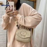 Preppy Style Canvas Zipper Bag Small Corduroy Satchel Travel Purse