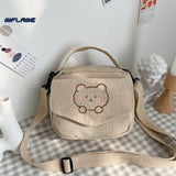 Preppy Style Canvas Zipper Bag Small Corduroy Satchel Travel Purse