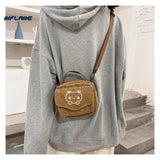 Preppy Style Canvas Zipper Bag Small Corduroy Satchel Travel Purse