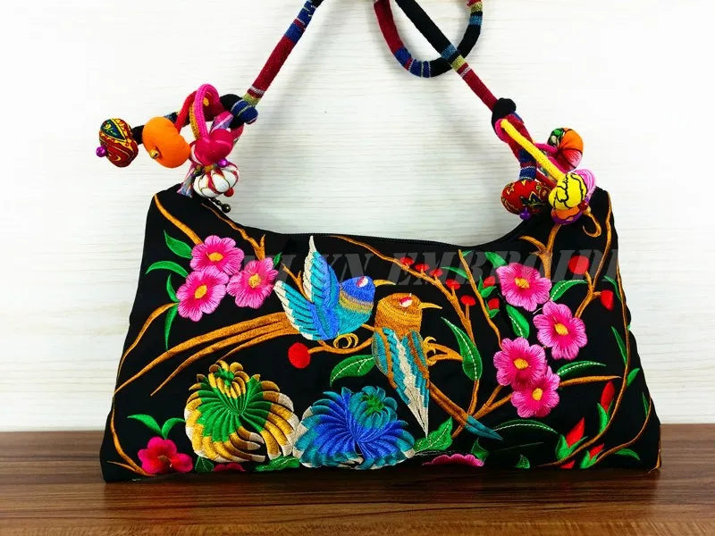 Embroidery Pattern Shoulder Bag with Pompon, Small Crossbody Bag