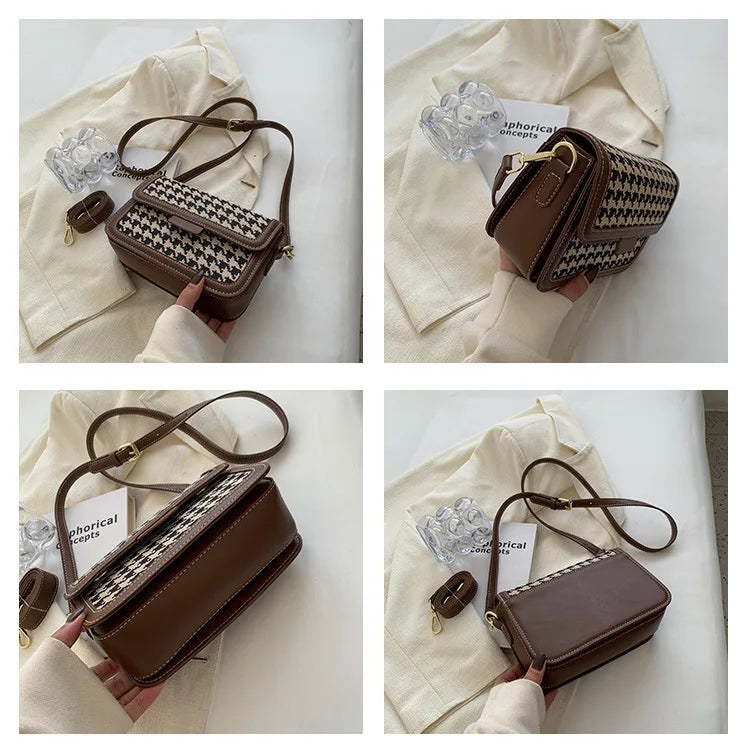 Houndstooth Flap Women Leisure Shoulder Armpit Purses Fall Winter Handbags