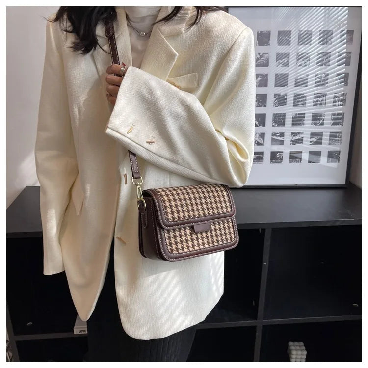 Houndstooth Flap Women Leisure Shoulder Armpit Purses Fall Winter Handbags