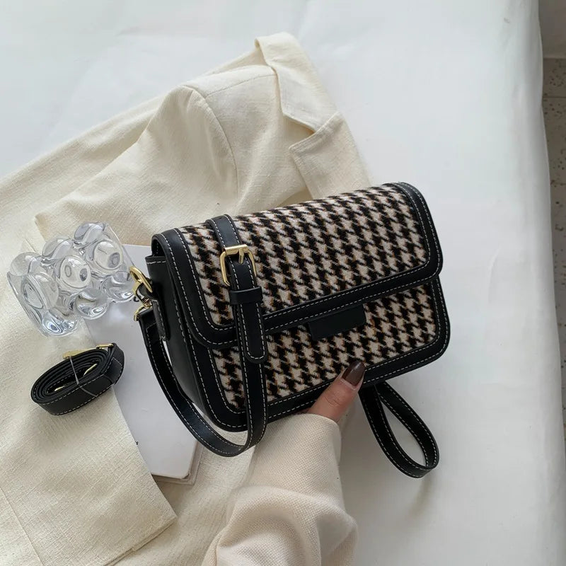 Houndstooth Flap Women Leisure Shoulder Armpit Purses Fall Winter Handbags