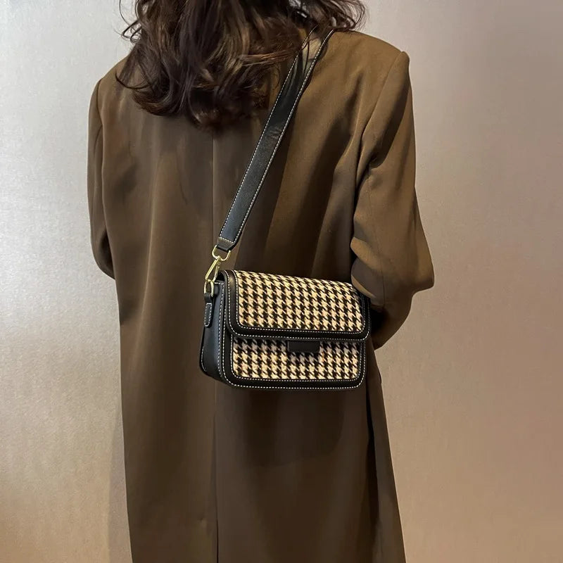 Houndstooth Flap Women Leisure Shoulder Armpit Purses Fall Winter Handbags