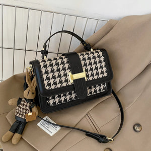 Vintage Houndstooth Handbag Small Leather Crossbody Bag for Women