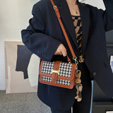 Vintage Houndstooth Handbag Small Leather Crossbody Bag for Women