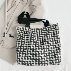 Houndstooth Pattern Women Canvas Shopping Bags Retro Large Shoulder Bag