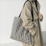 Houndstooth Pattern Women Canvas Shopping Bags Retro Large Shoulder Bag