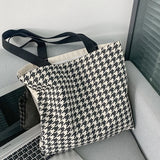 Houndstooth Pattern Women Canvas Shopping Bags Retro Large Shoulder Bag