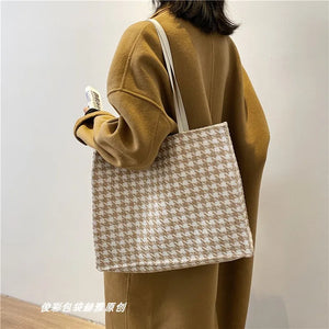 Houndstooth Print Canvas Shoulder Bag Large Capacity Totes